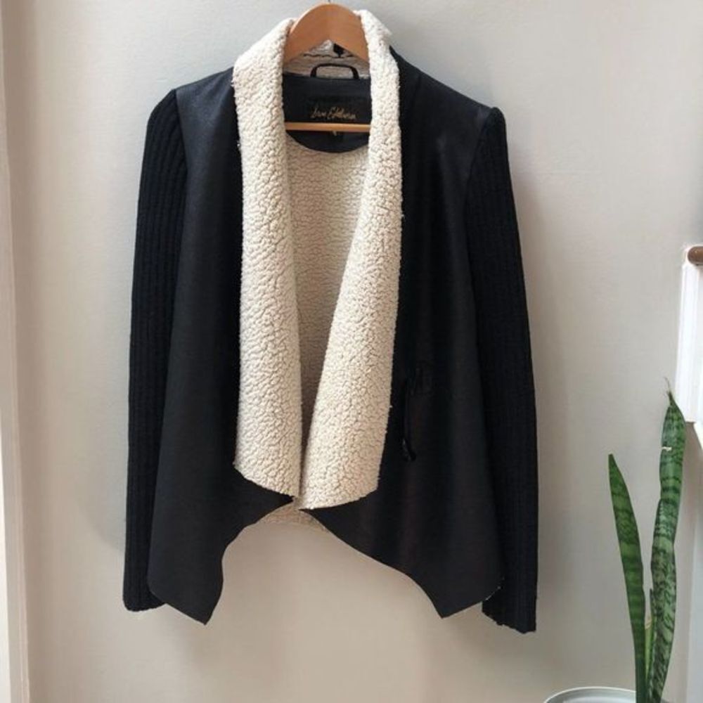 Sam Edelman Sherpa Lined Black Sweater wrap coat w Faux Leather/Shearling size S